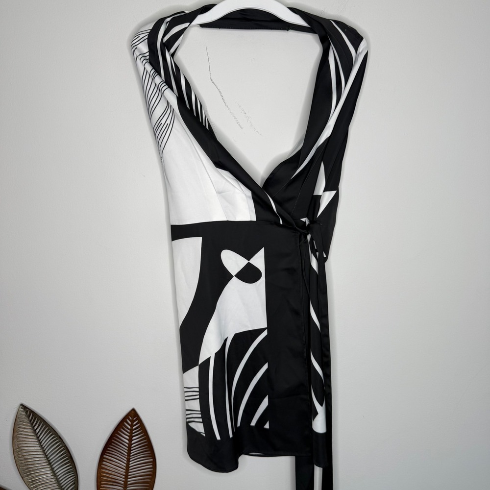 Commense Black White Abstract Geometric Halter Belted Wrap Mini Dres Open Back L